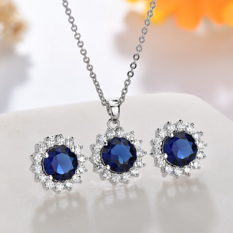Set Argint Lant, Pandantiv Si Cercei Cu Elemente Swarovski Drops Circle Blue Sapphire